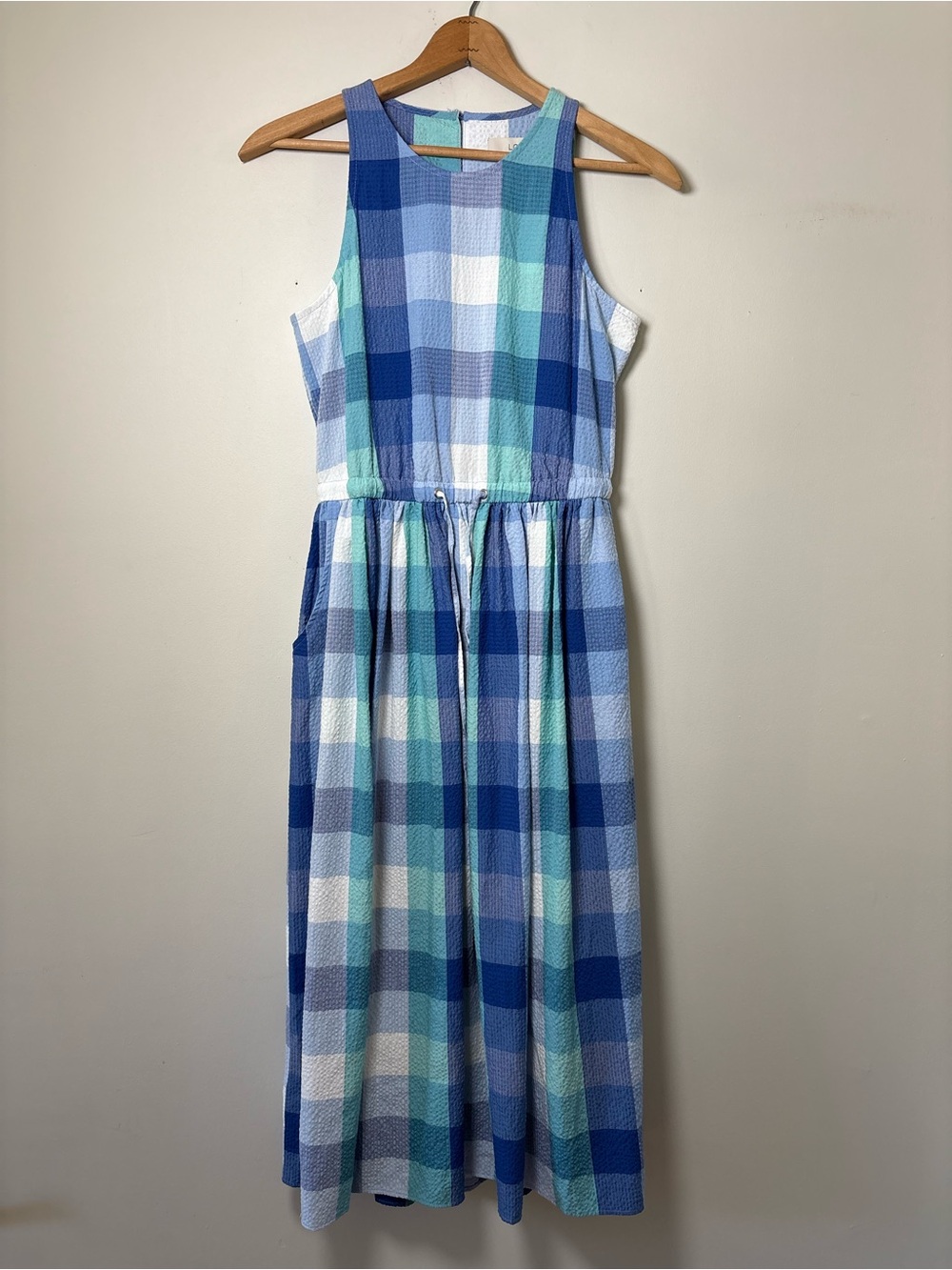LOFT Blue Plaid Seersucker Midi Dress NWT Size S Pockets Cutout Back Summer
